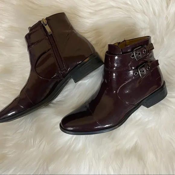 🛍️ Franco Sarto Burgundy Patent Riddick Ankle Boots Size 6