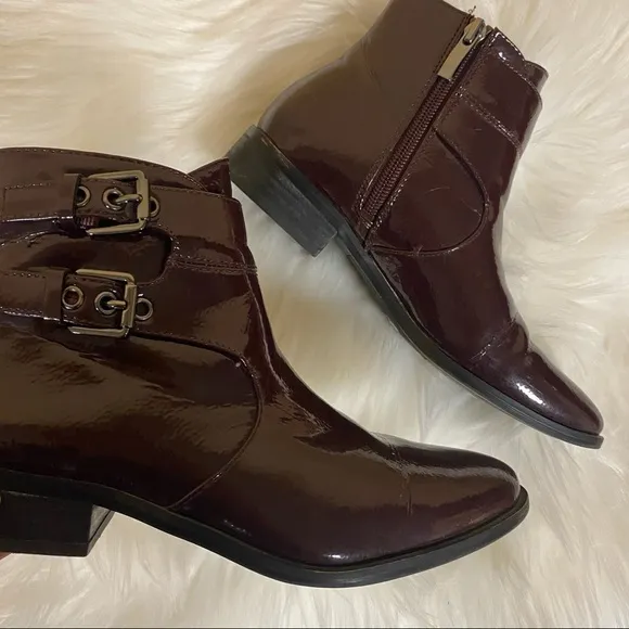 🛍️ Franco Sarto Burgundy Patent Riddick Ankle Boots Size 6