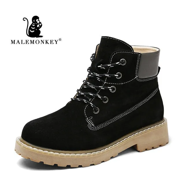 2019 Women Ankle Boots New Fashion Leather Autumn Black Snow Boots Round Toe Ladies Work Girls Shoes Warm Fur Winter Lace Up