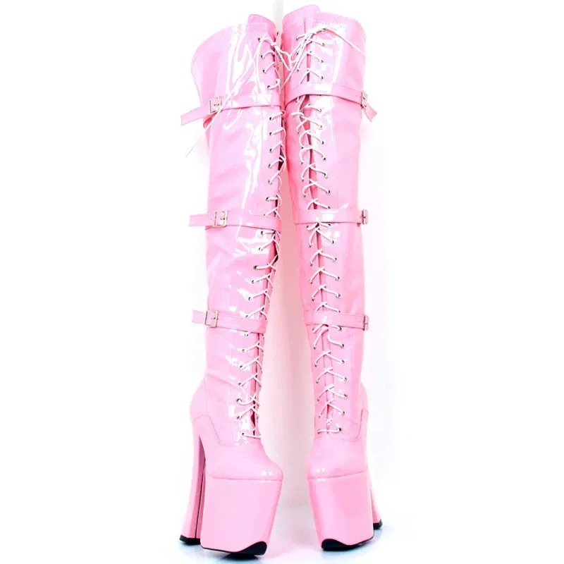 20CM Super High Block Heel Platform Cross-tied Buckle Straps Sexy Thigh High Boots