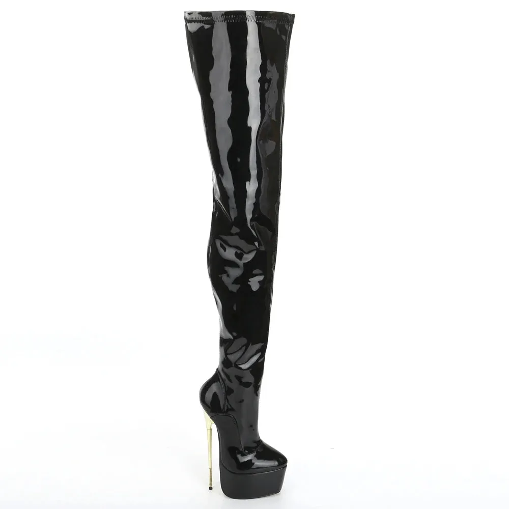 22CM Super High Heel Platform Round  toe Zip Solid PU Leather Thigh Long Boots