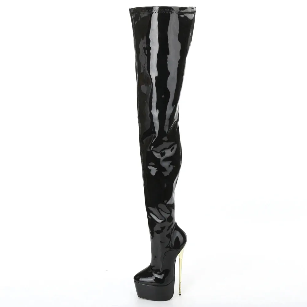 22CM Super High Heel Platform Round  toe Zip Solid PU Leather Thigh Long Boots