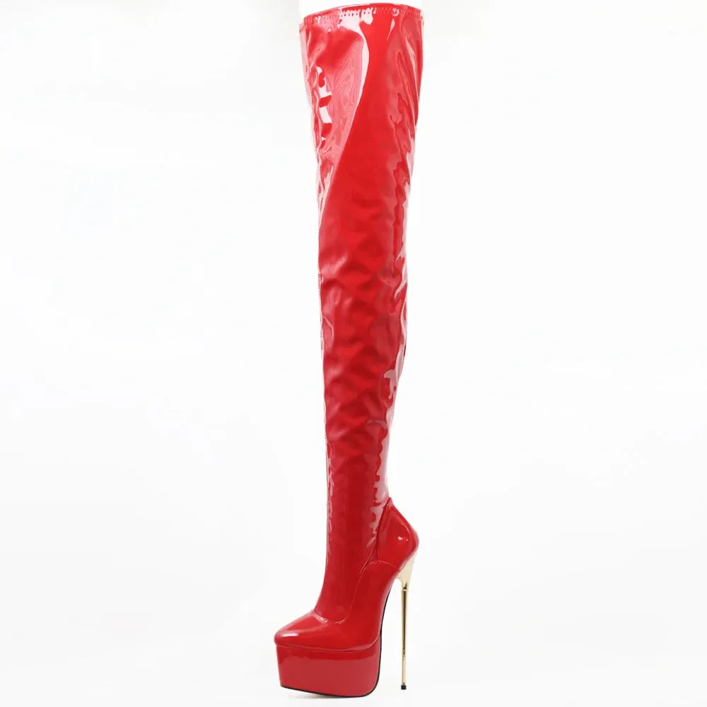22CM Super High Heel Platform Round  toe Zip Solid PU Leather Thigh Long Boots