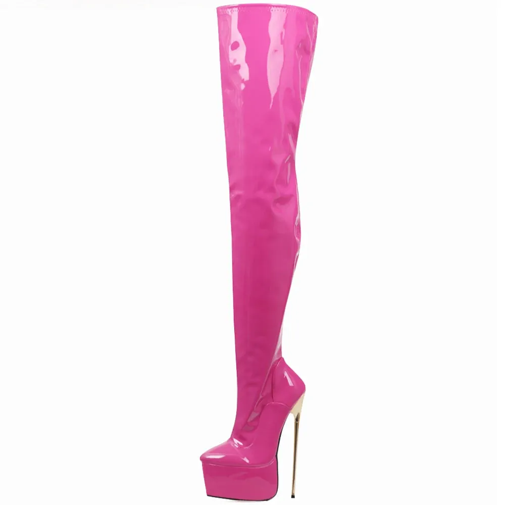 22CM Super High Heel Platform Round  toe Zip Solid PU Leather Thigh Long Boots