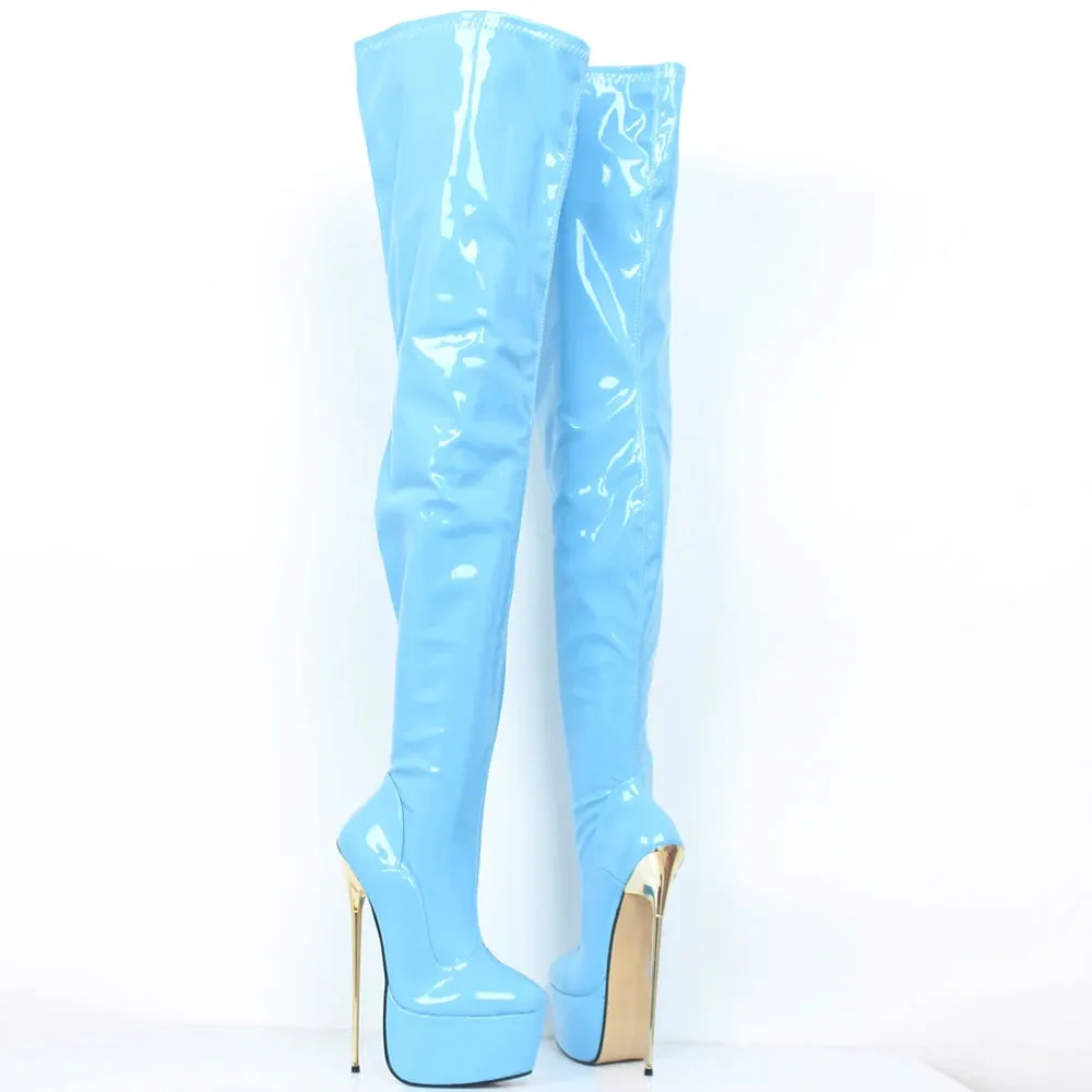 22CM Super High Heel Platform Round  toe Zip Solid PU Leather Thigh Long Boots