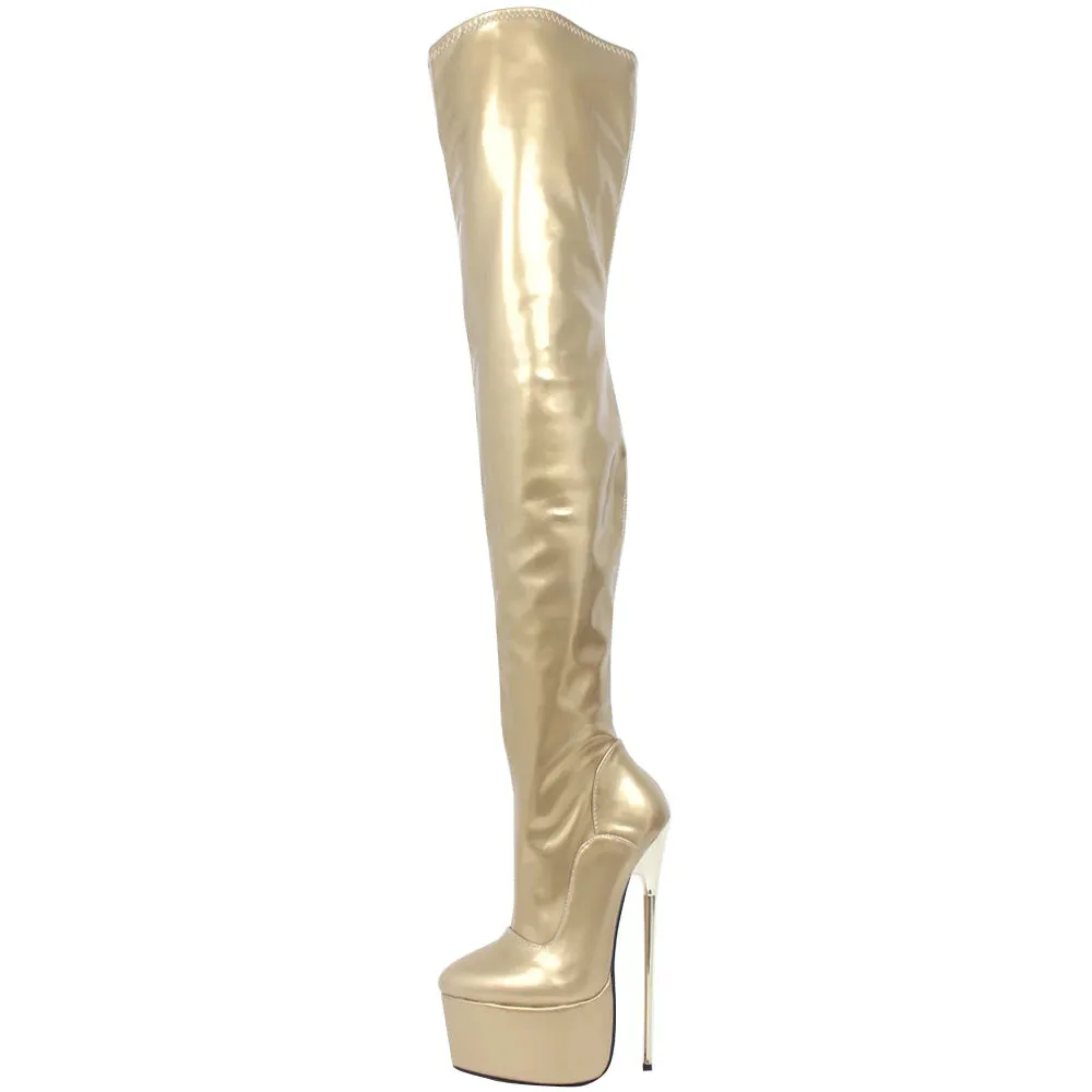 22CM Super High Heel Platform Round  toe Zip Solid PU Leather Thigh Long Boots
