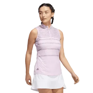 Adidas Ladies Herringbone Stripe Sleeveless Polo Shirt - Pink