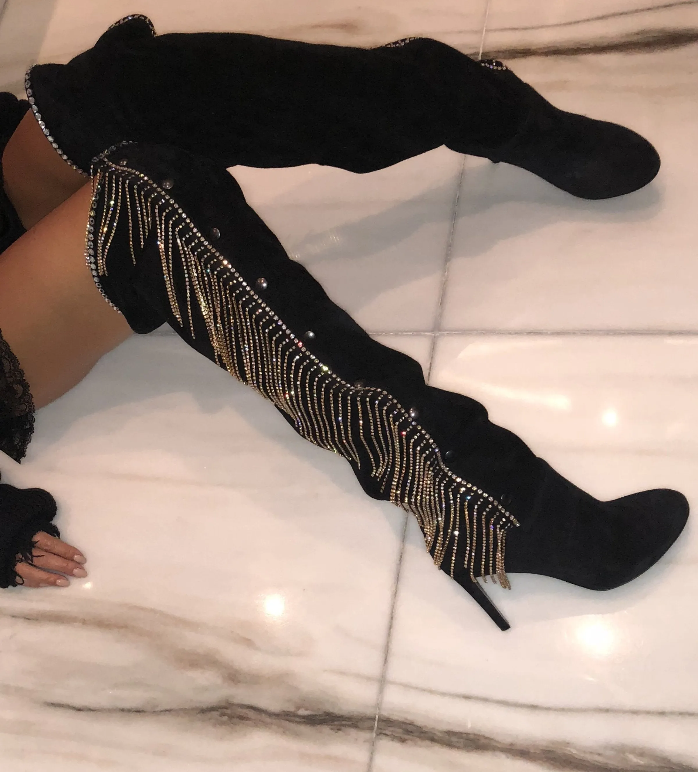 AMALIA BLACK SUEDE CRYSTAL FRINGE BOOTS