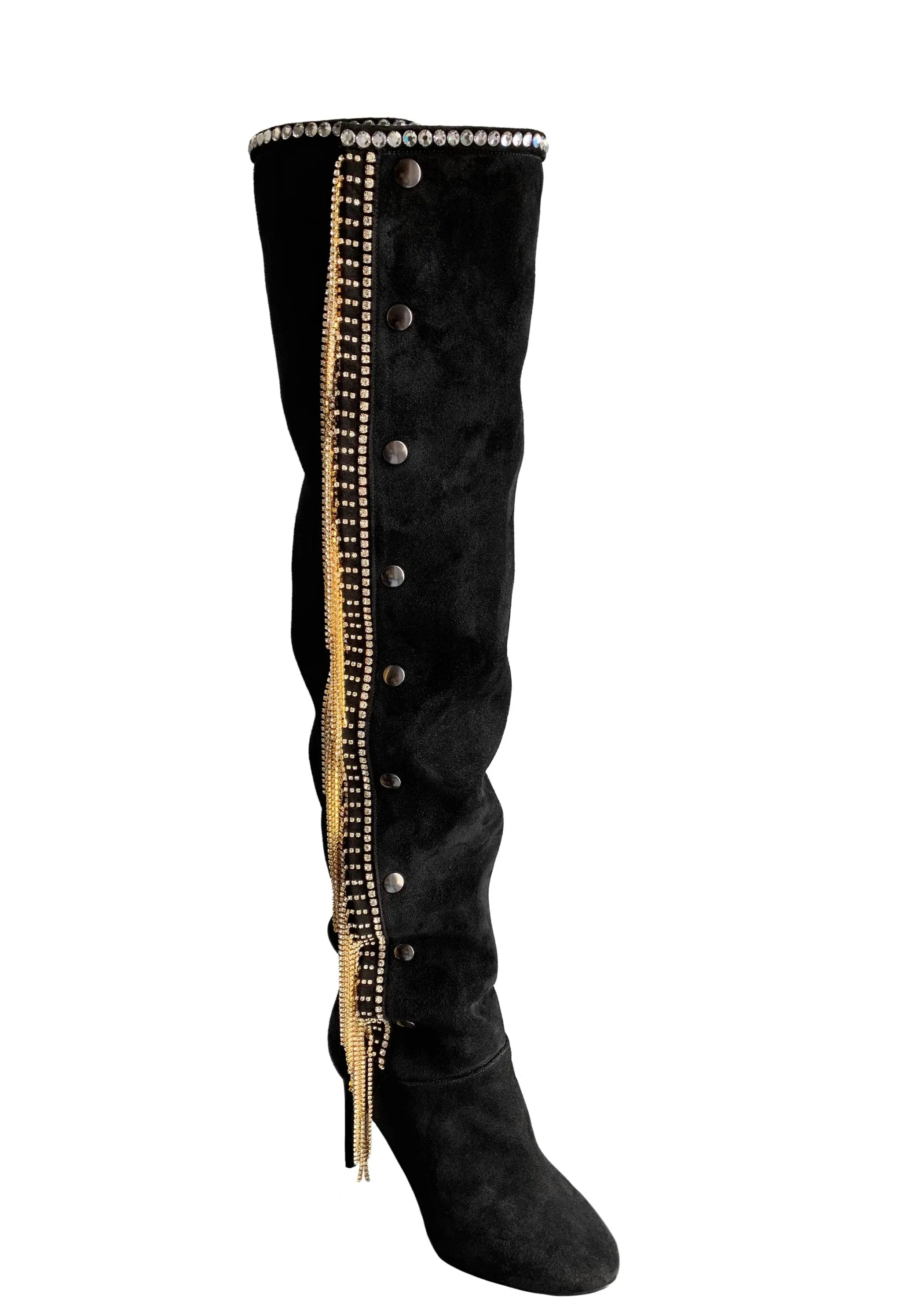 AMALIA BLACK SUEDE CRYSTAL FRINGE BOOTS