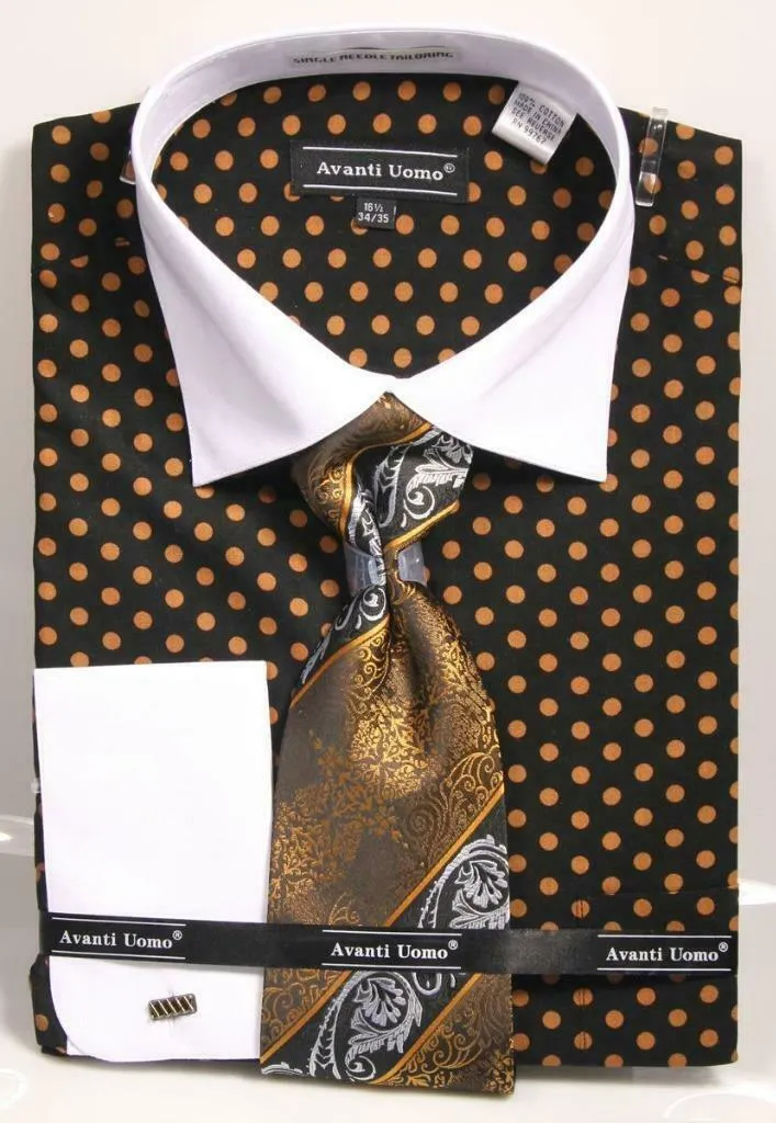 Avanti Uomo Men's DN92M Polka Dot French Cuff Shirts Tie Set with Cuff Links