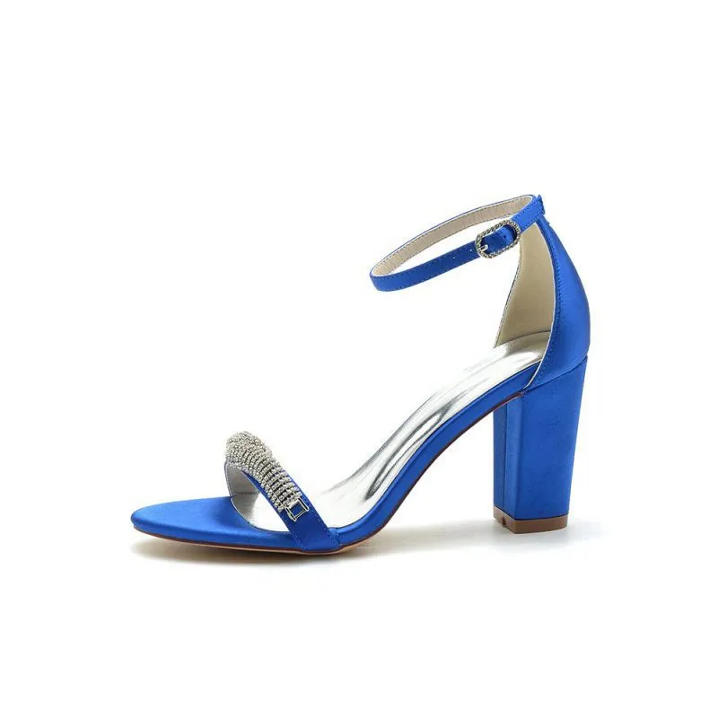 Beaded Open Toe Ankle Strap Satin Chunky Heels