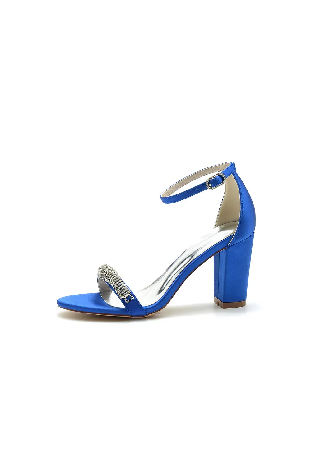 Beaded Open Toe Ankle Strap Satin Chunky Heels
