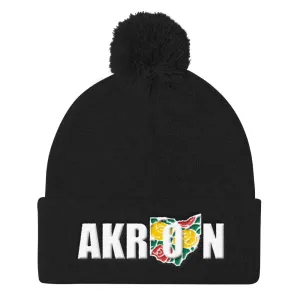 Beautiful Akron 2 Embroidered Pom Pom Knit Beanie Cap