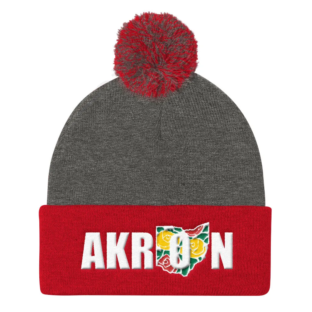 Beautiful Akron 2 Embroidered Pom Pom Knit Beanie Cap