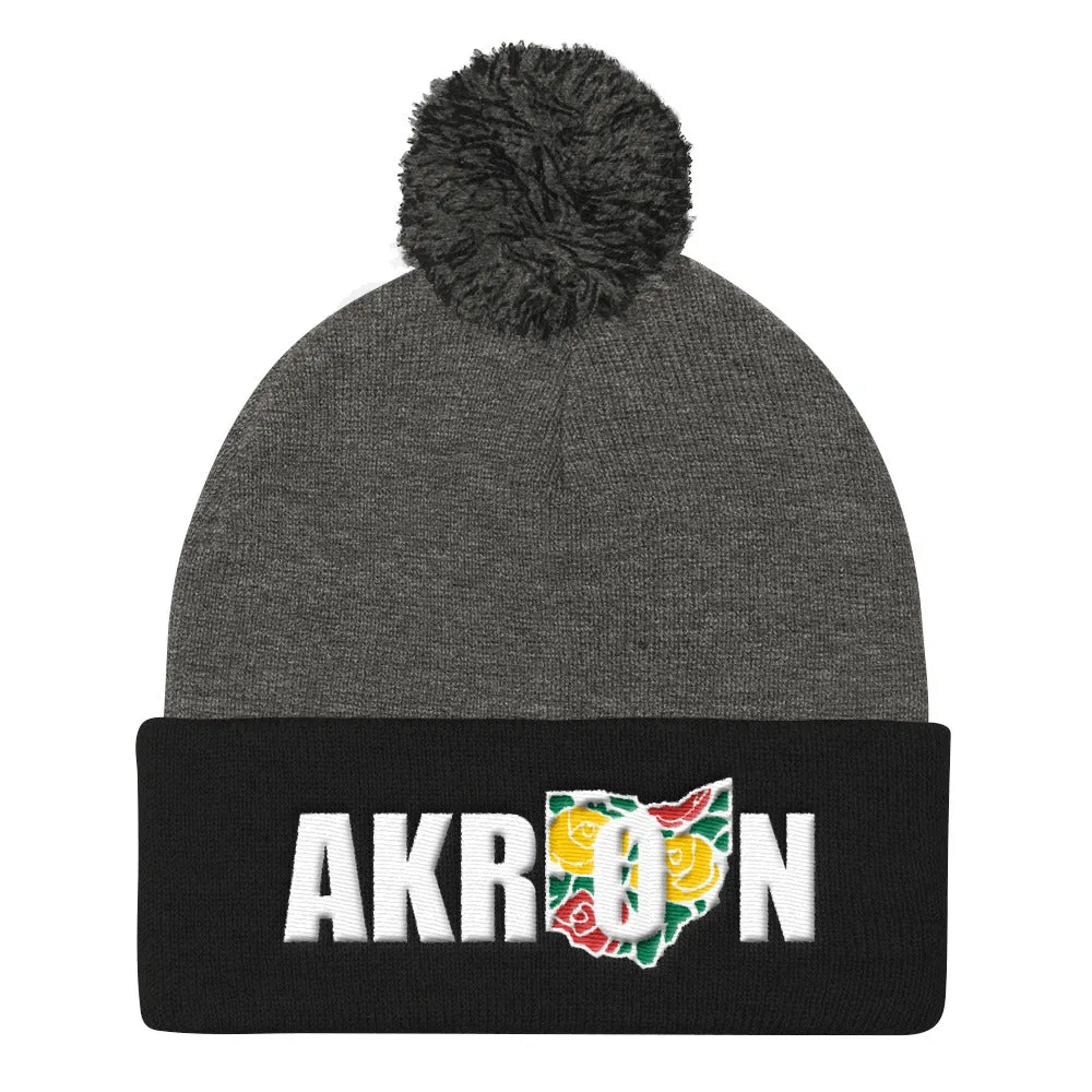 Beautiful Akron 2 Embroidered Pom Pom Knit Beanie Cap