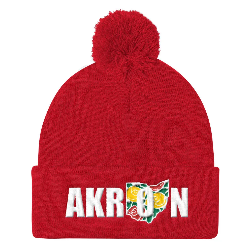 Beautiful Akron 2 Embroidered Pom Pom Knit Beanie Cap