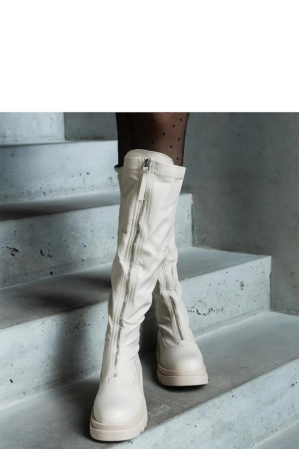 Beige eco-leather boots with flat heel