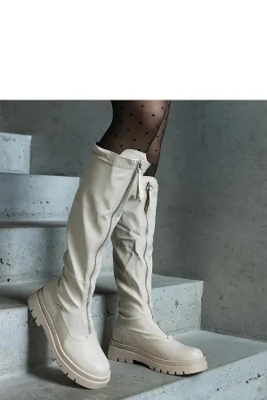 Beige eco-leather boots with flat heel