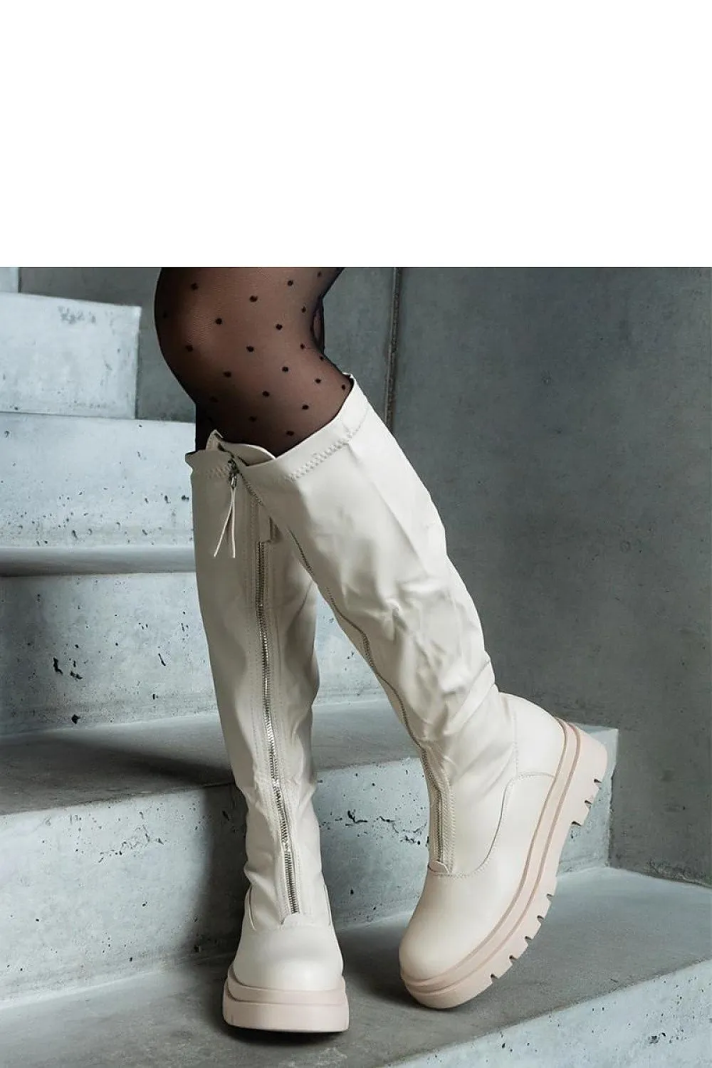 Beige eco-leather boots with flat heel