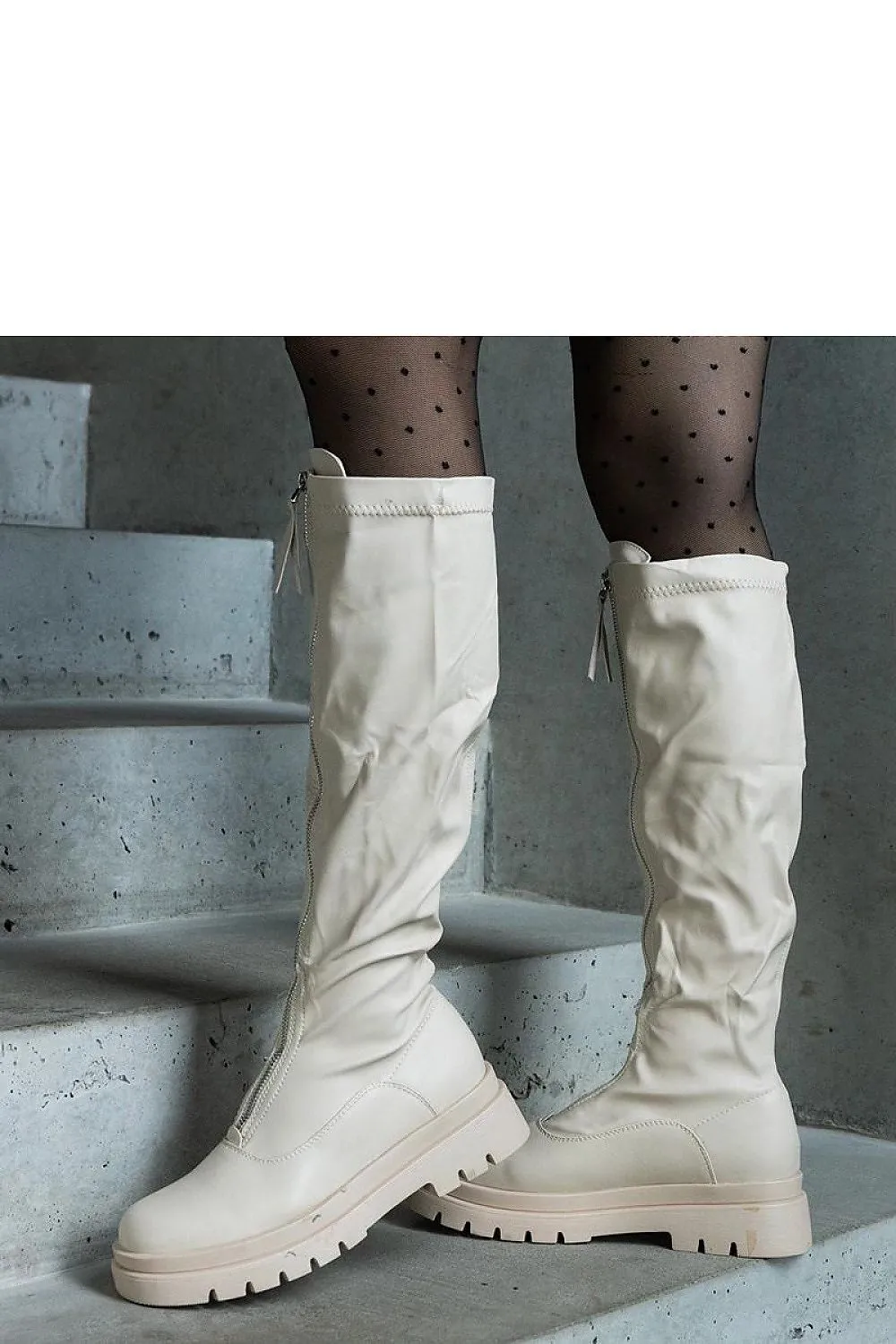 Beige eco-leather boots with flat heel