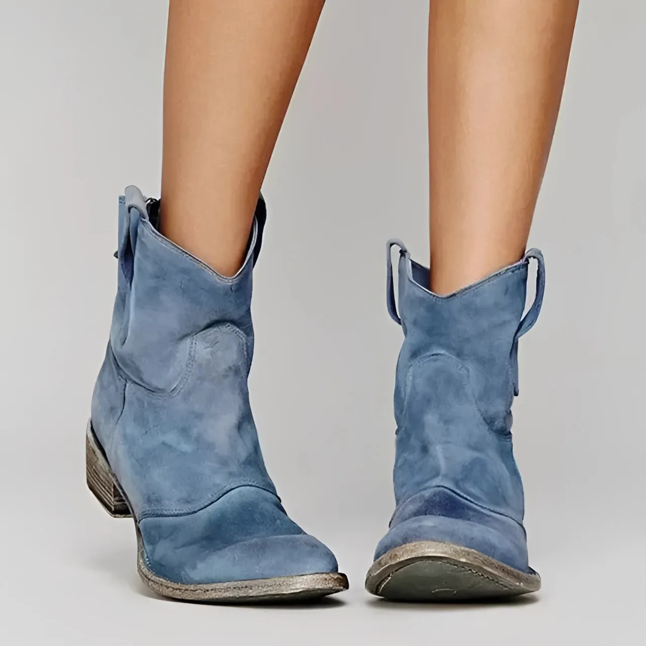 Beige Suede Women's Low Heel Western Ankle Boots