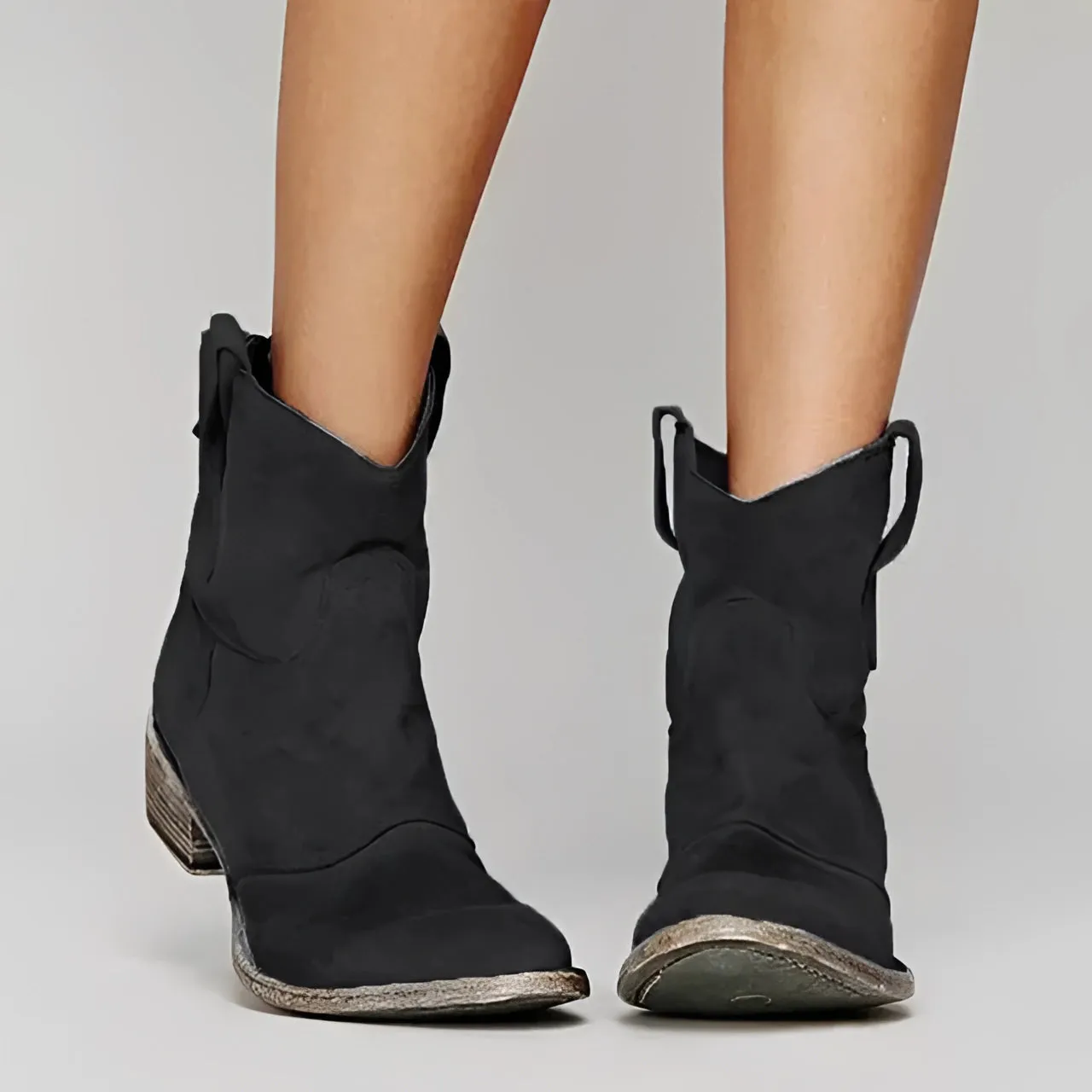 Beige Suede Women's Low Heel Western Ankle Boots