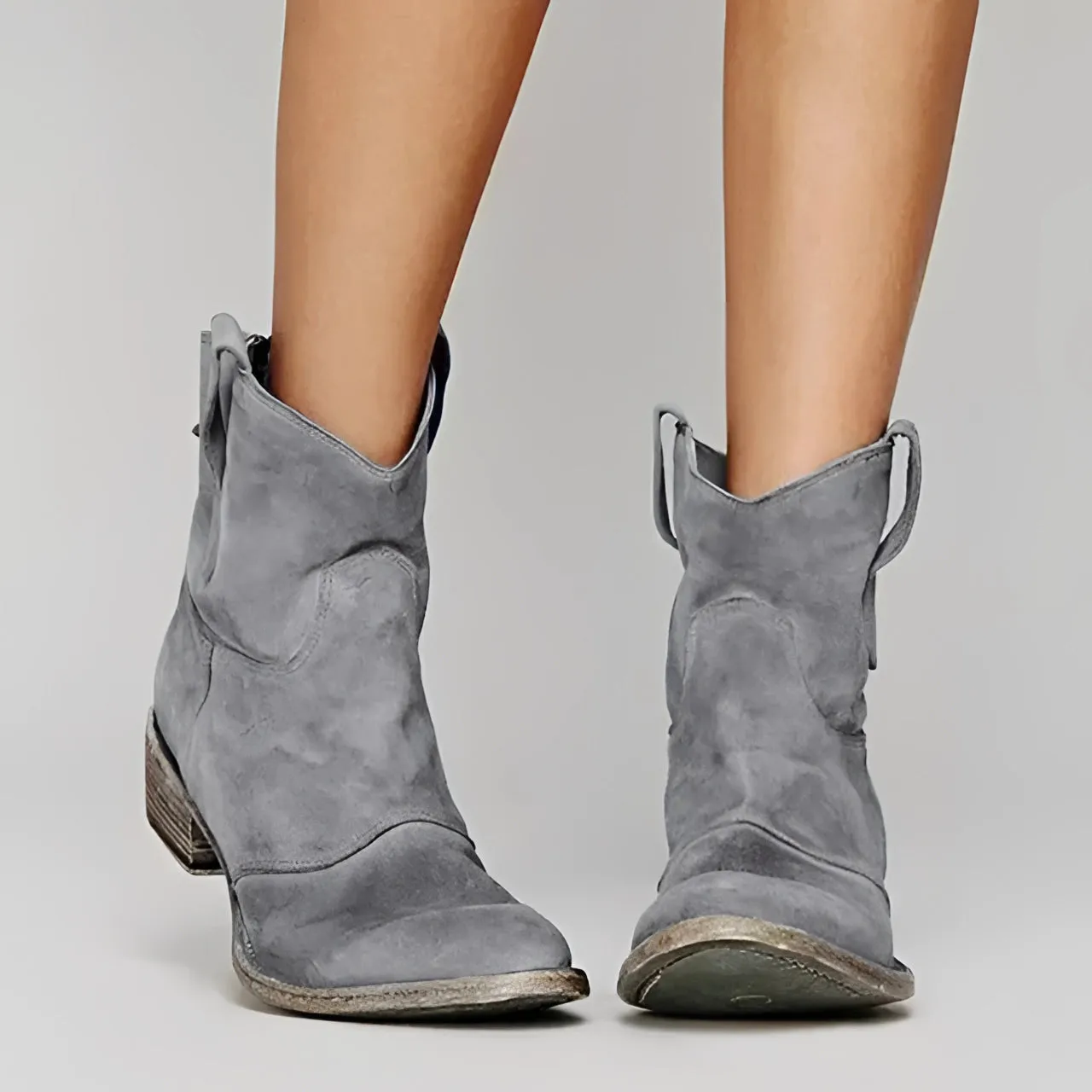 Beige Suede Women's Low Heel Western Ankle Boots