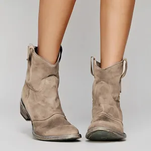 Beige Suede Women's Low Heel Western Ankle Boots