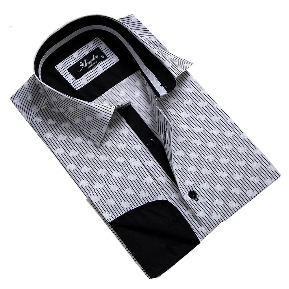 Black & White Mens Slim Fit French Cuff Shirts with Cufflink Holes - Casual and Formal