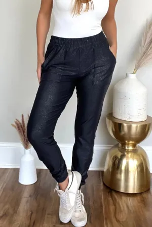 Black Elastic Waist Pocketed Pebble Jogger Pants