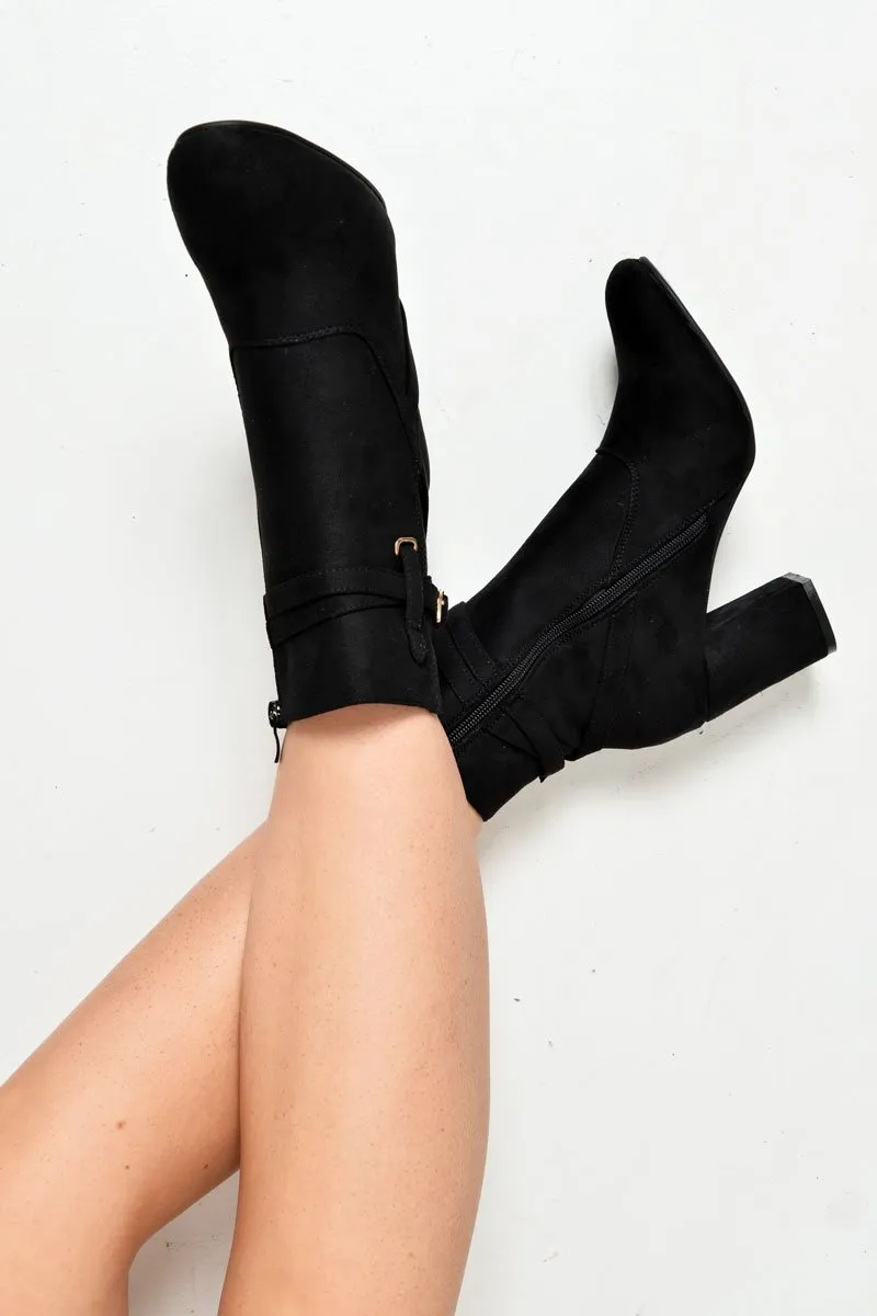 Black Faux Suede Strap Detail Buckle Ankle Boots - Sabryna