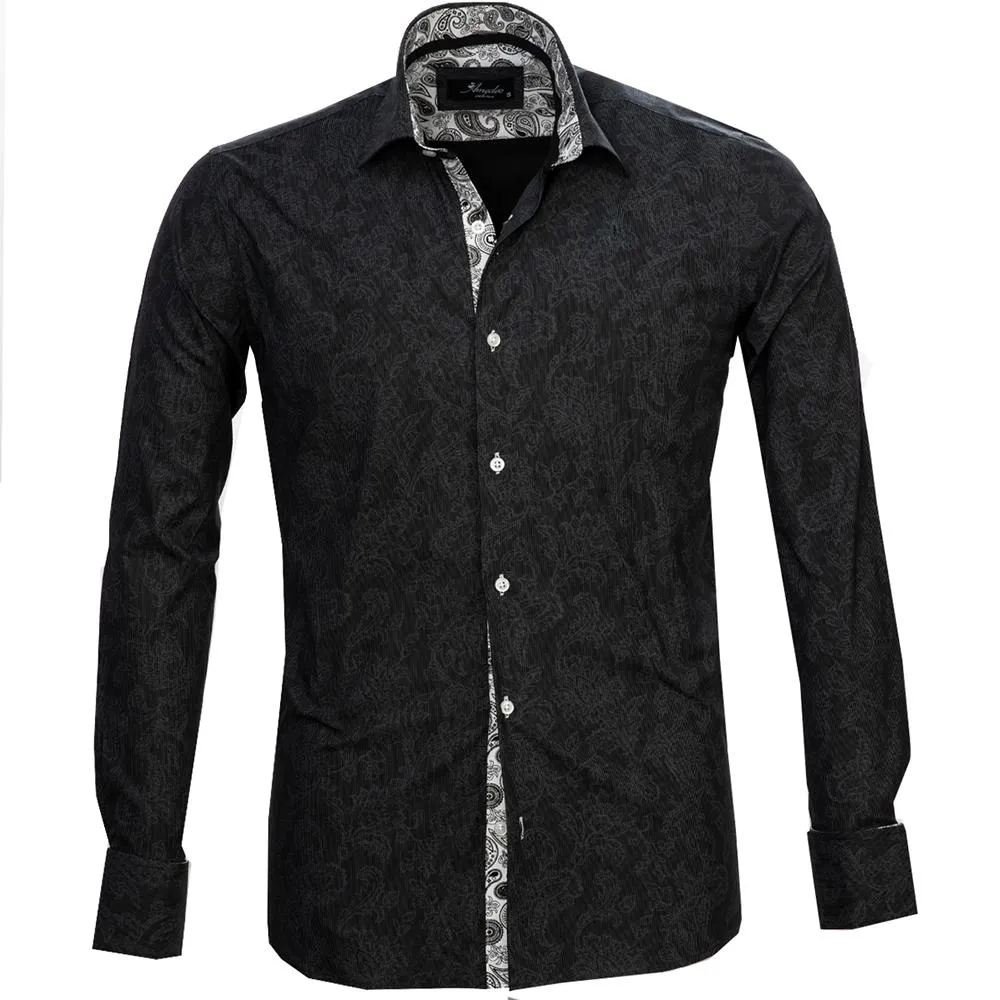 Black Grey Floral Mens Slim Fit Designer French Cuff Shirts with Cufflink Holes - Casual and Formal
