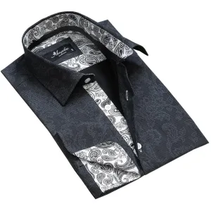 Black Grey Floral Mens Slim Fit Designer French Cuff Shirts with Cufflink Holes - Casual and Formal