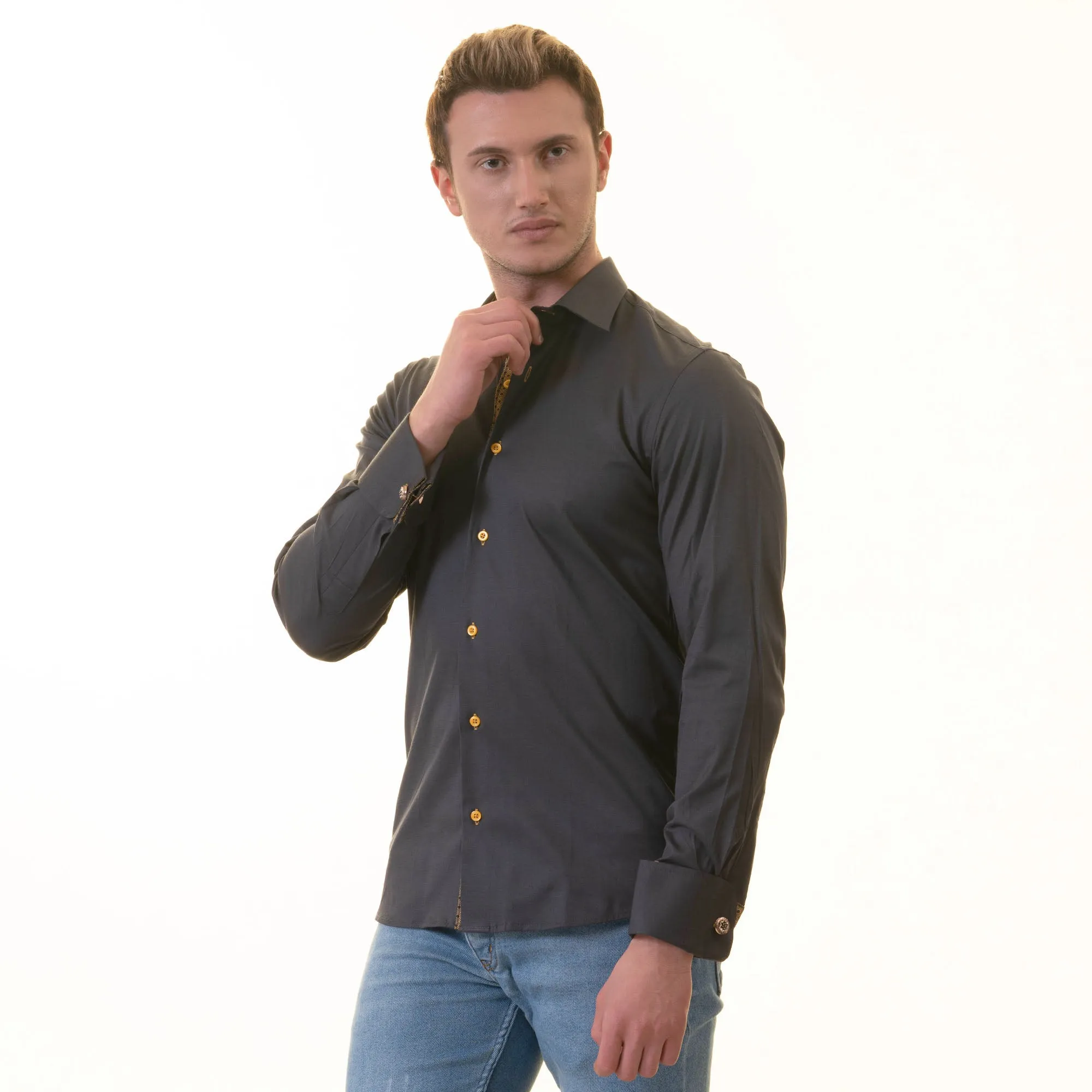 Black inside honeycomb Mens Slim Fit Designer French Cuff Shirt - tailored Cotton Shirts for Work and Casual Wear