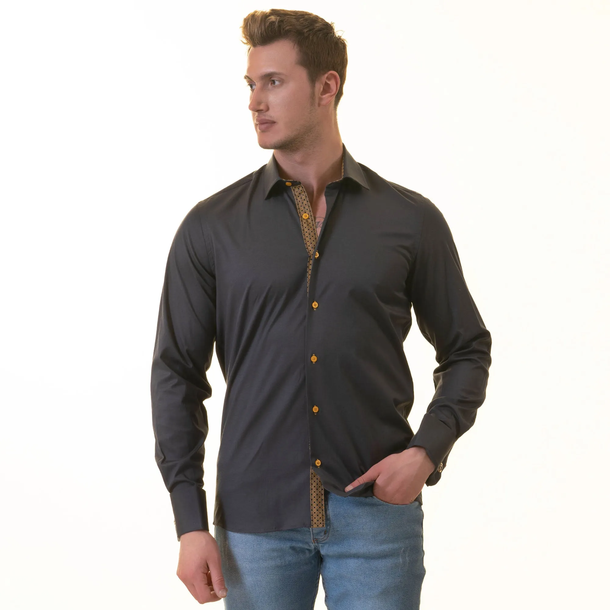 Black inside honeycomb Mens Slim Fit Designer French Cuff Shirt - tailored Cotton Shirts for Work and Casual Wear