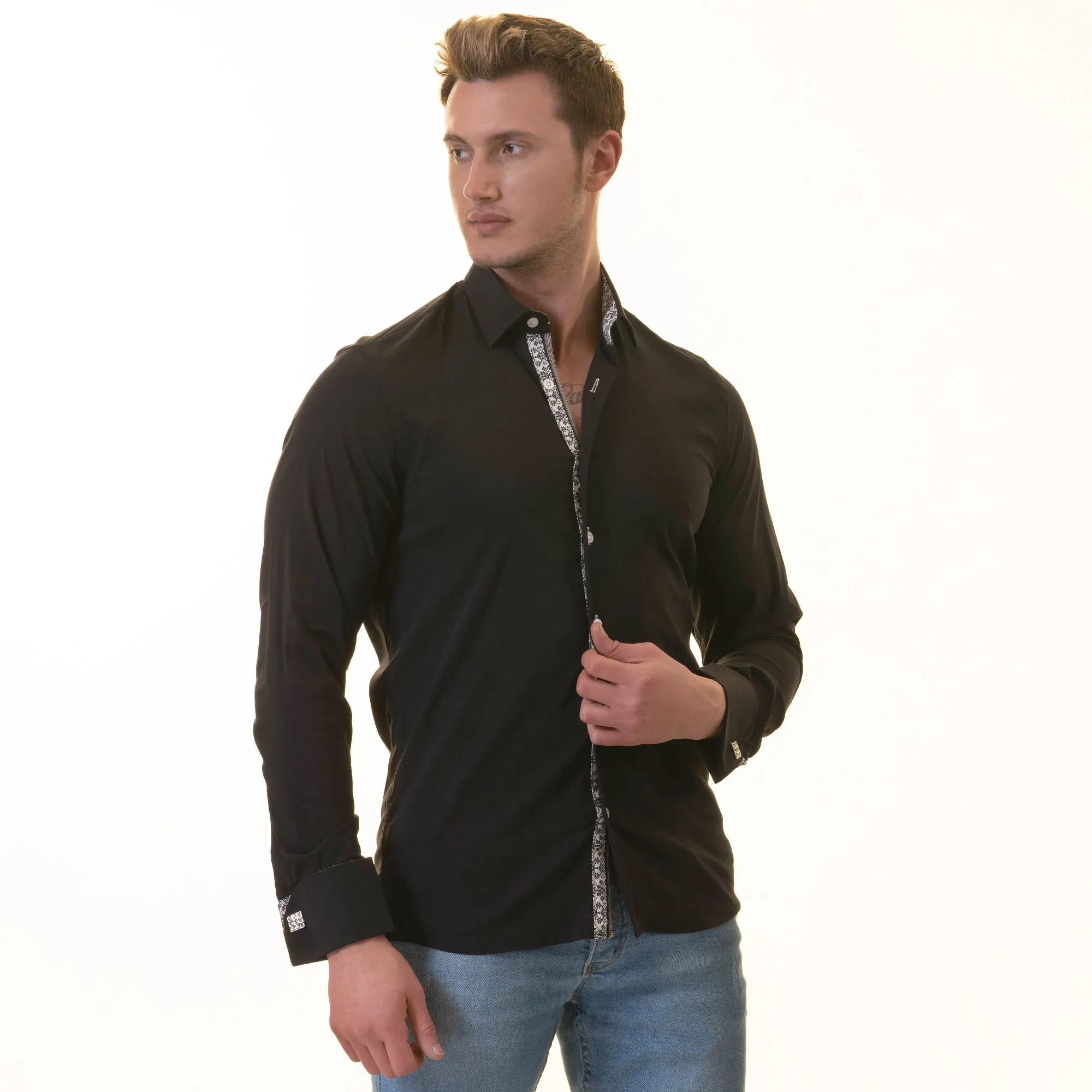 Black inside White Printed Double Cuff Shirt Mens Slim Fit Designer French Cuff Shirt