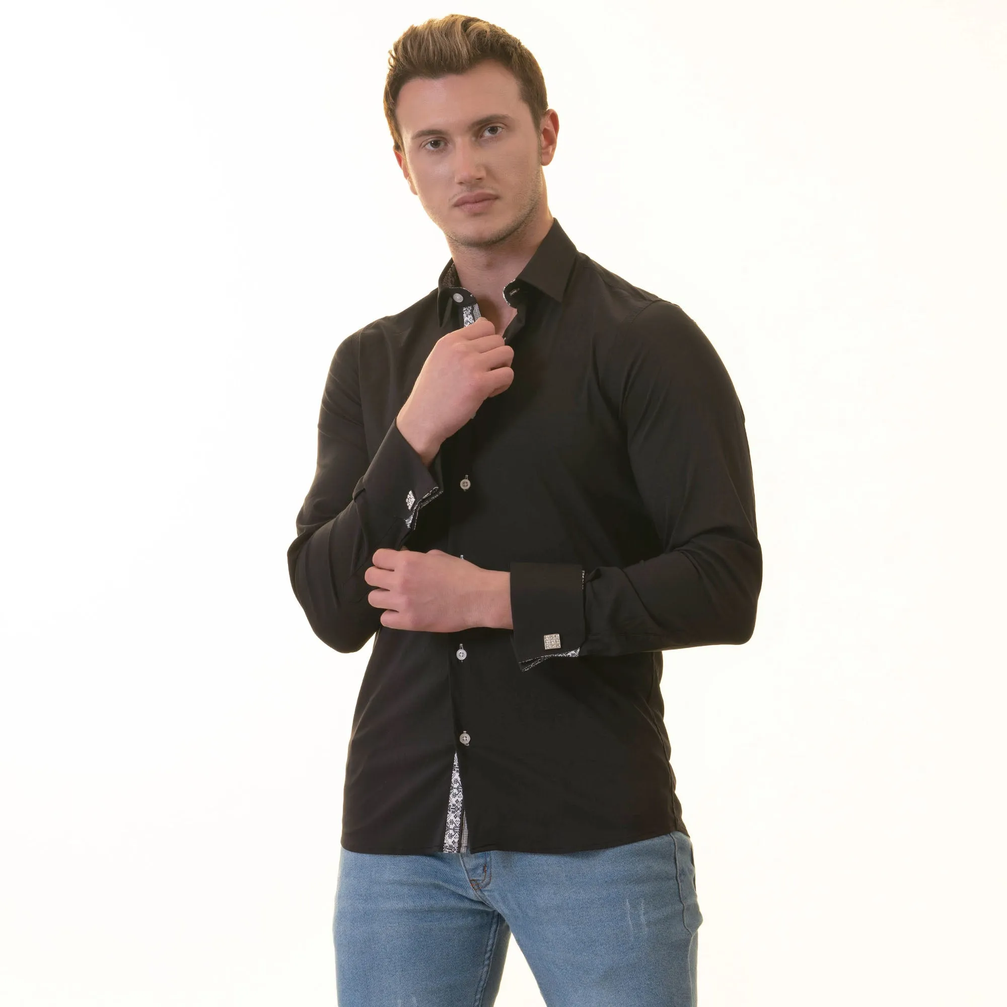 Black inside White Printed Double Cuff Shirt Mens Slim Fit Designer French Cuff Shirt