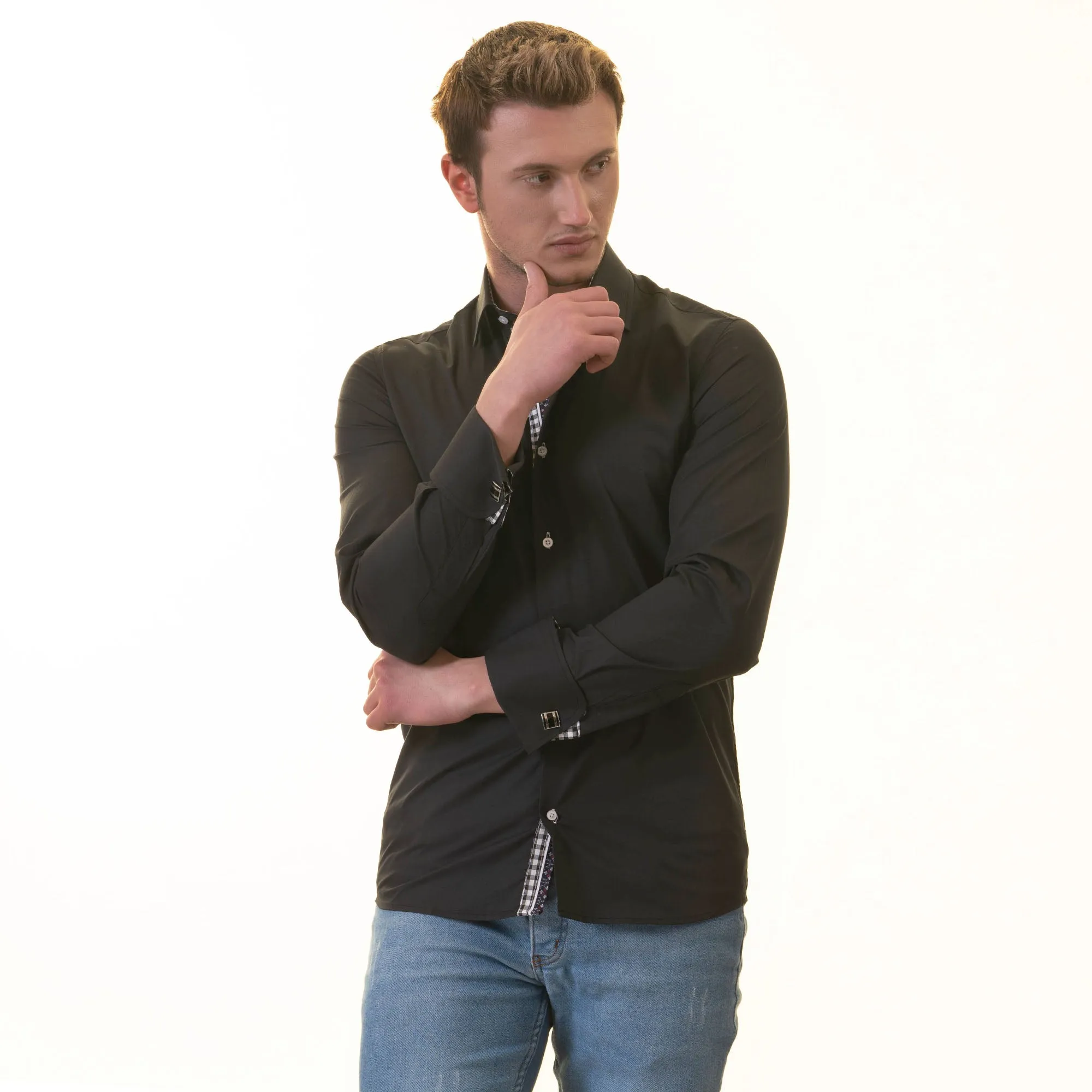 Black insideCheckered Mens Slim Fit Designer French Cuff Shirt
