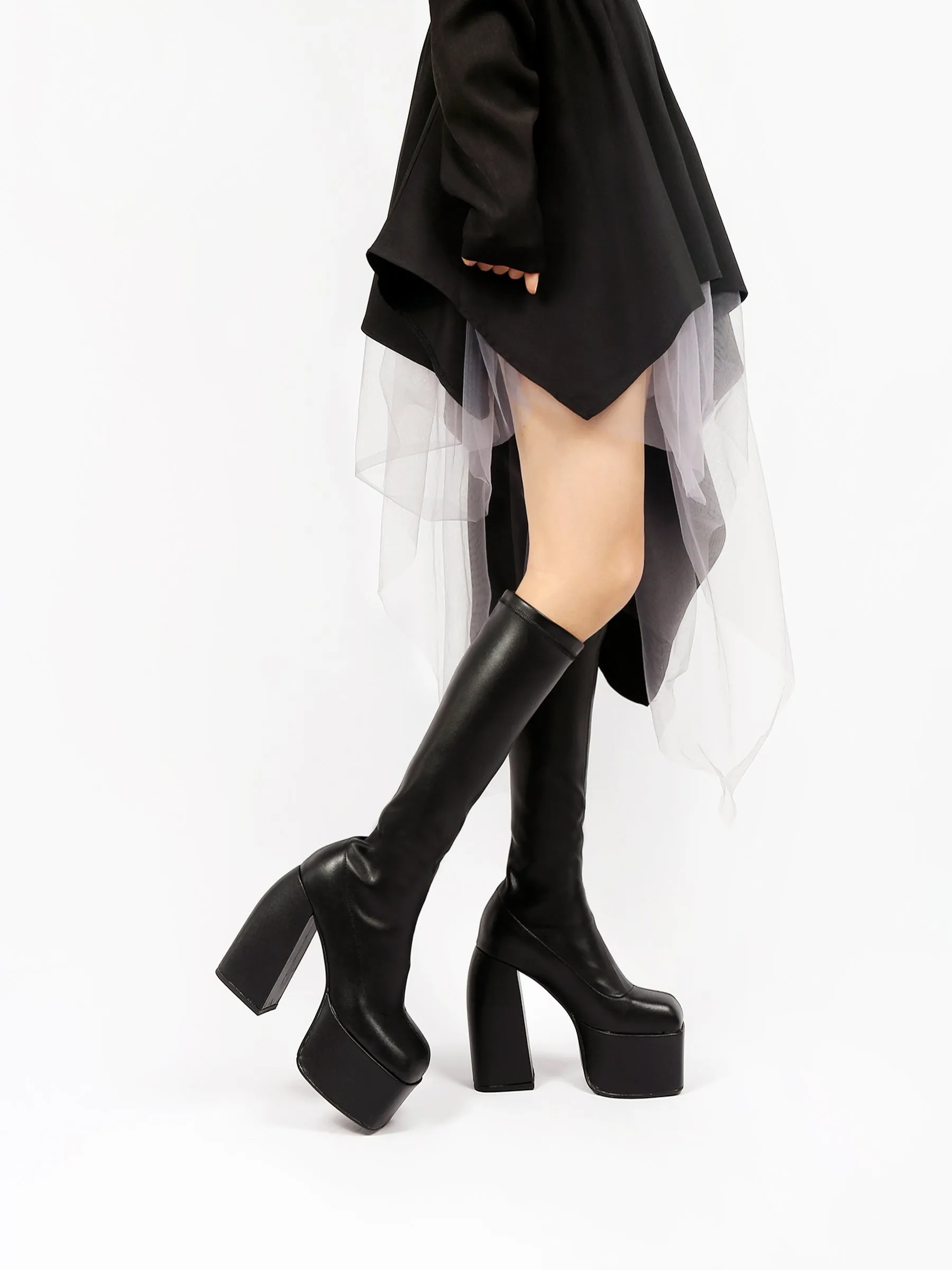 Black Knee High Leather Chunky Heel Boot