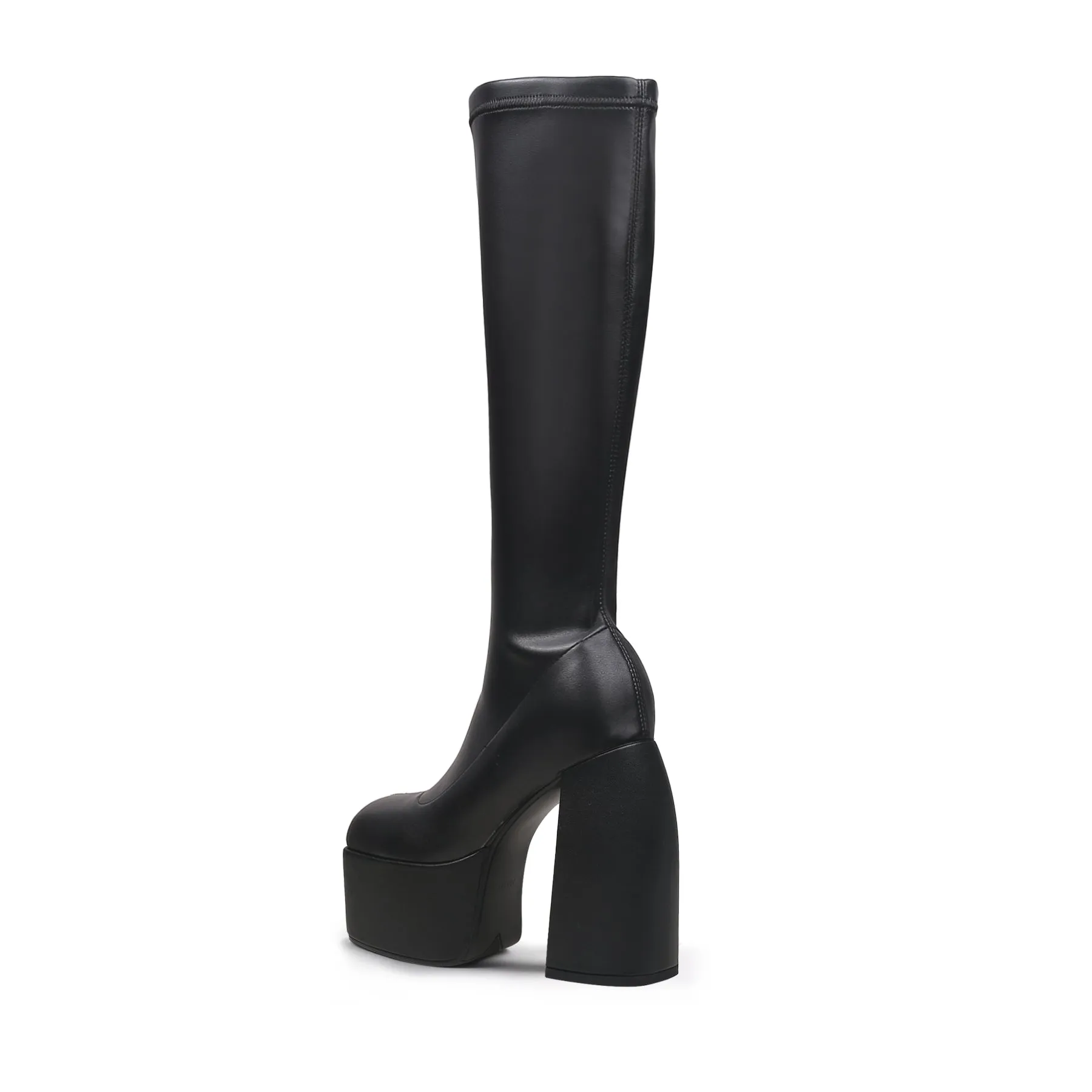 Black Knee High Leather Chunky Heel Boot