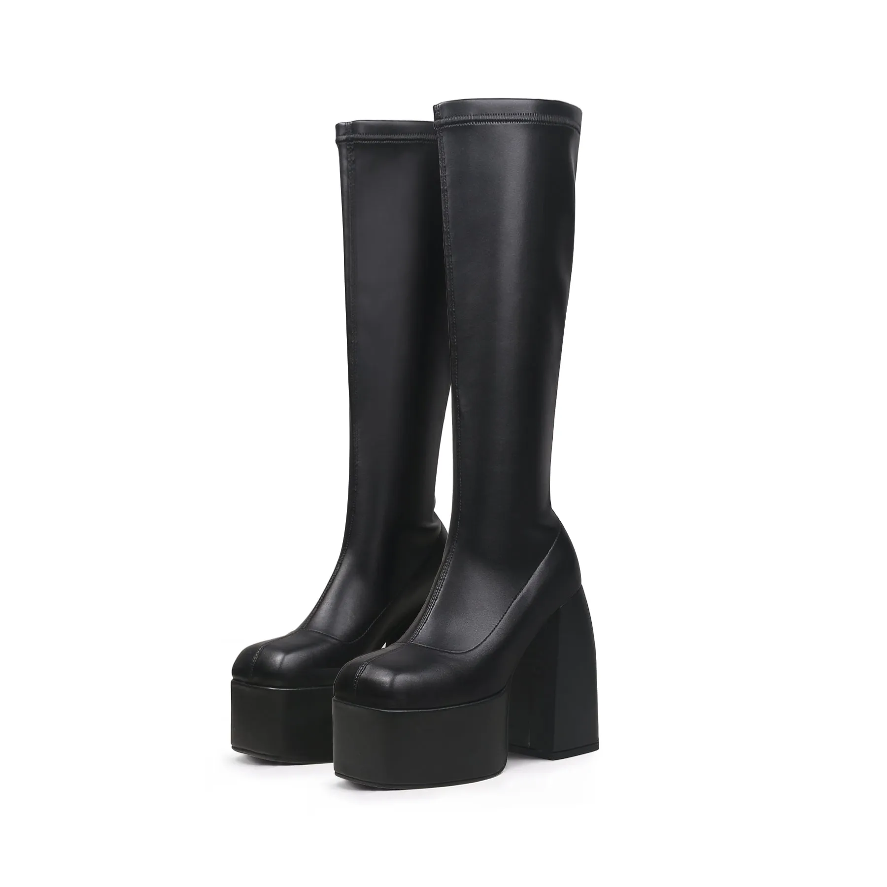 Black Knee High Leather Chunky Heel Boot