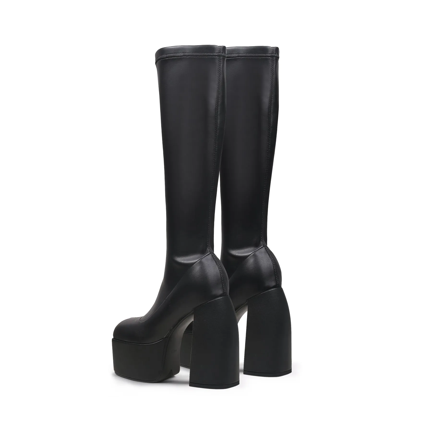 Black Knee High Leather Chunky Heel Boot