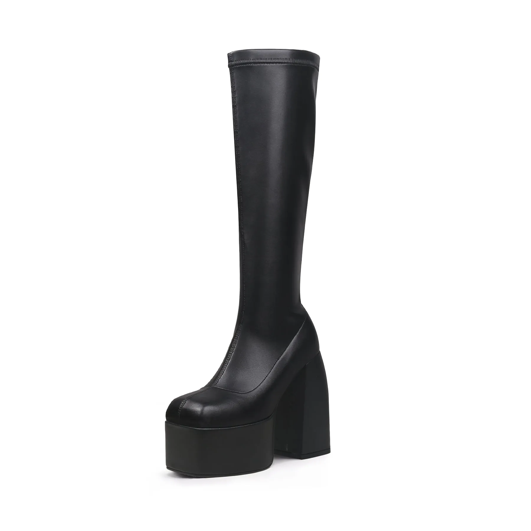Black Knee High Leather Chunky Heel Boot