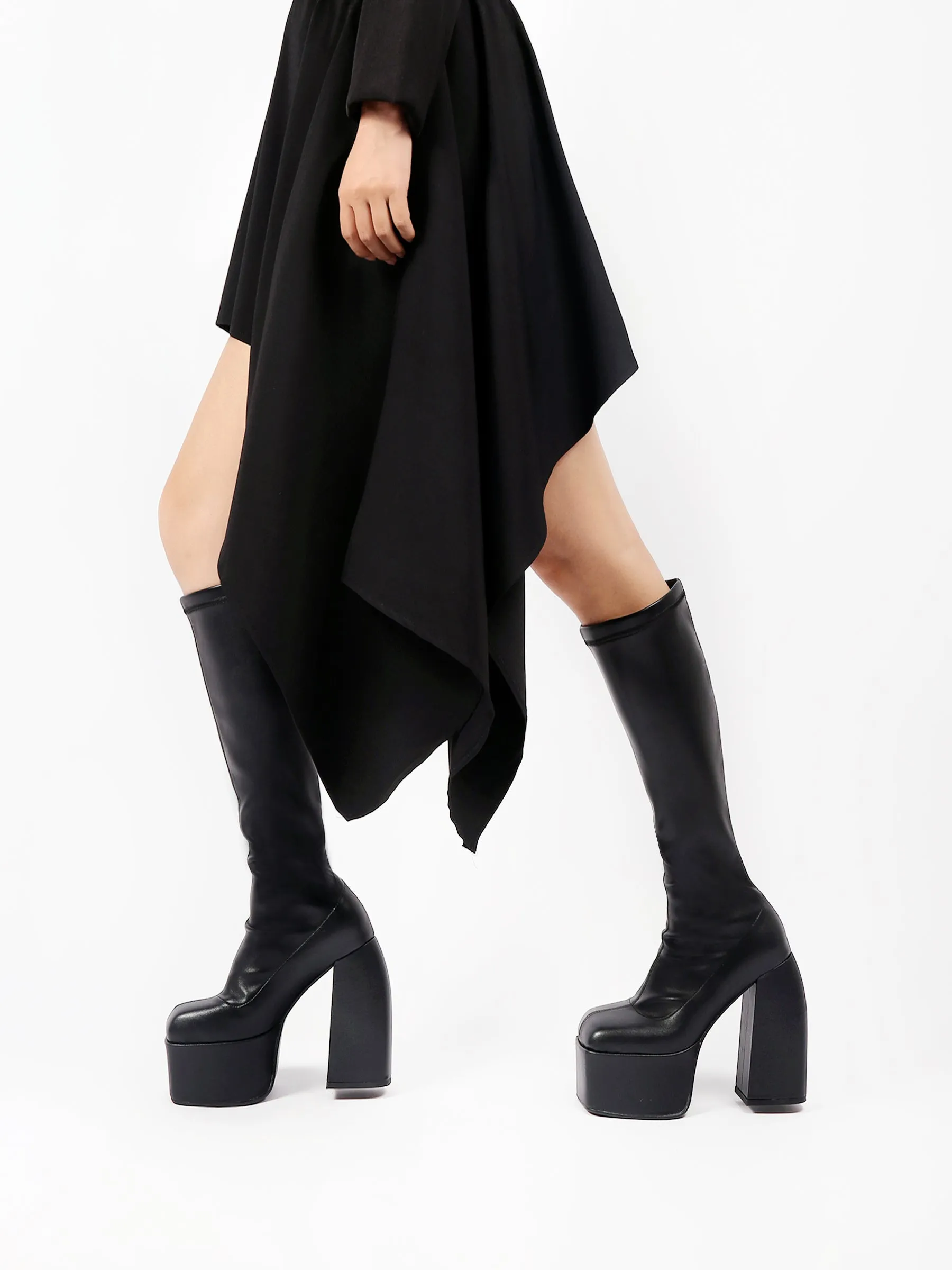 Black Knee High Leather Chunky Heel Boot