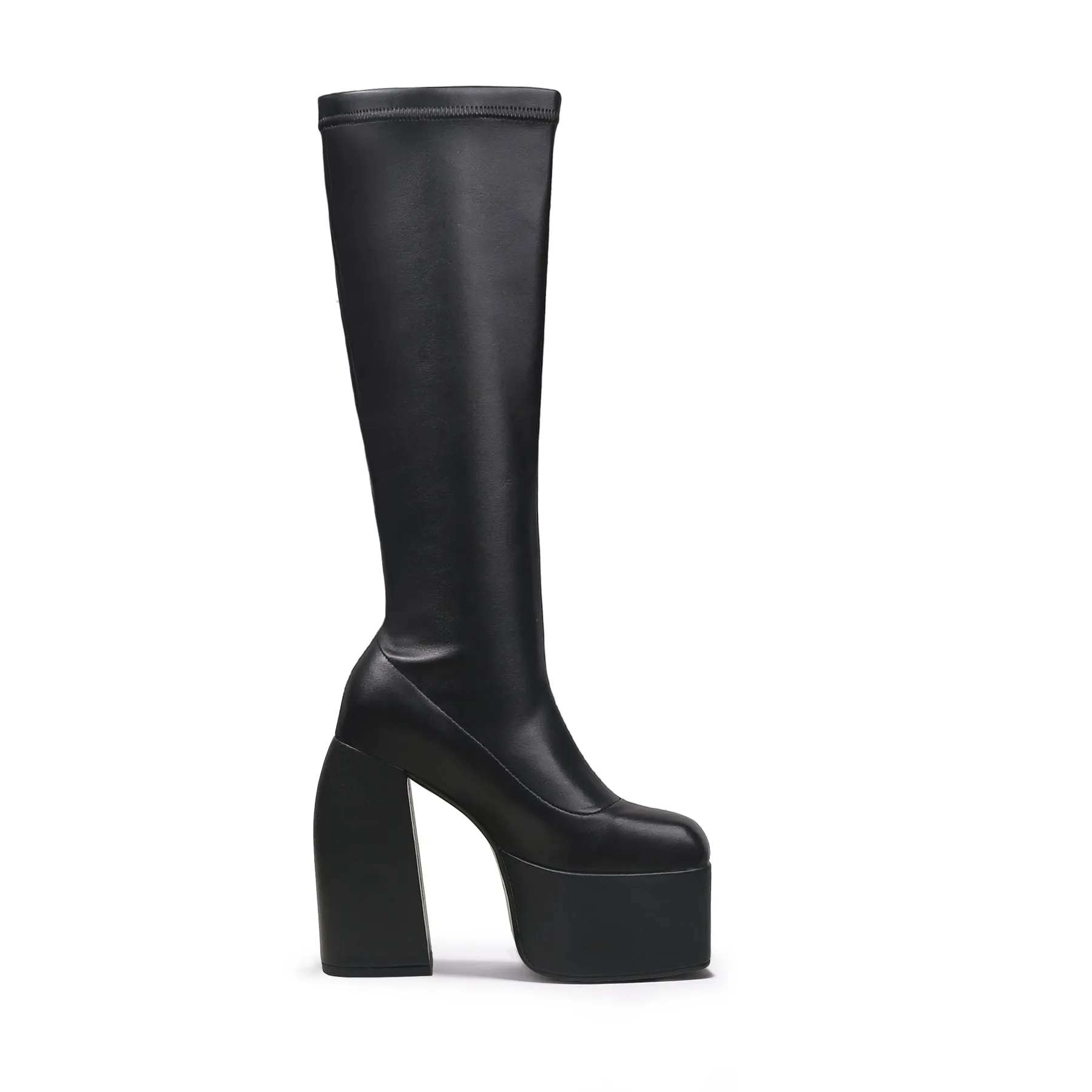 Black Knee High Leather Chunky Heel Boot