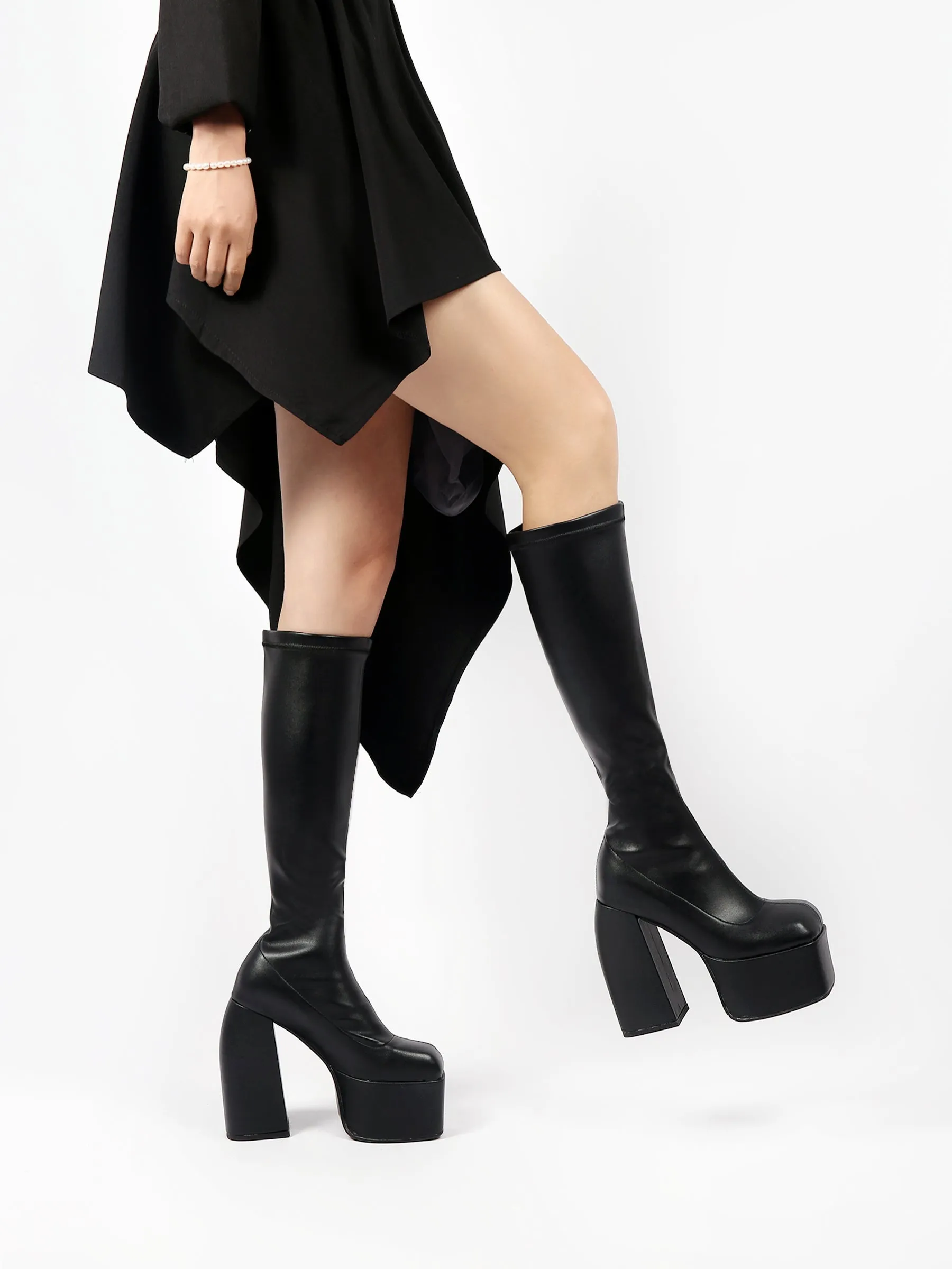 Black Knee High Leather Chunky Heel Boot