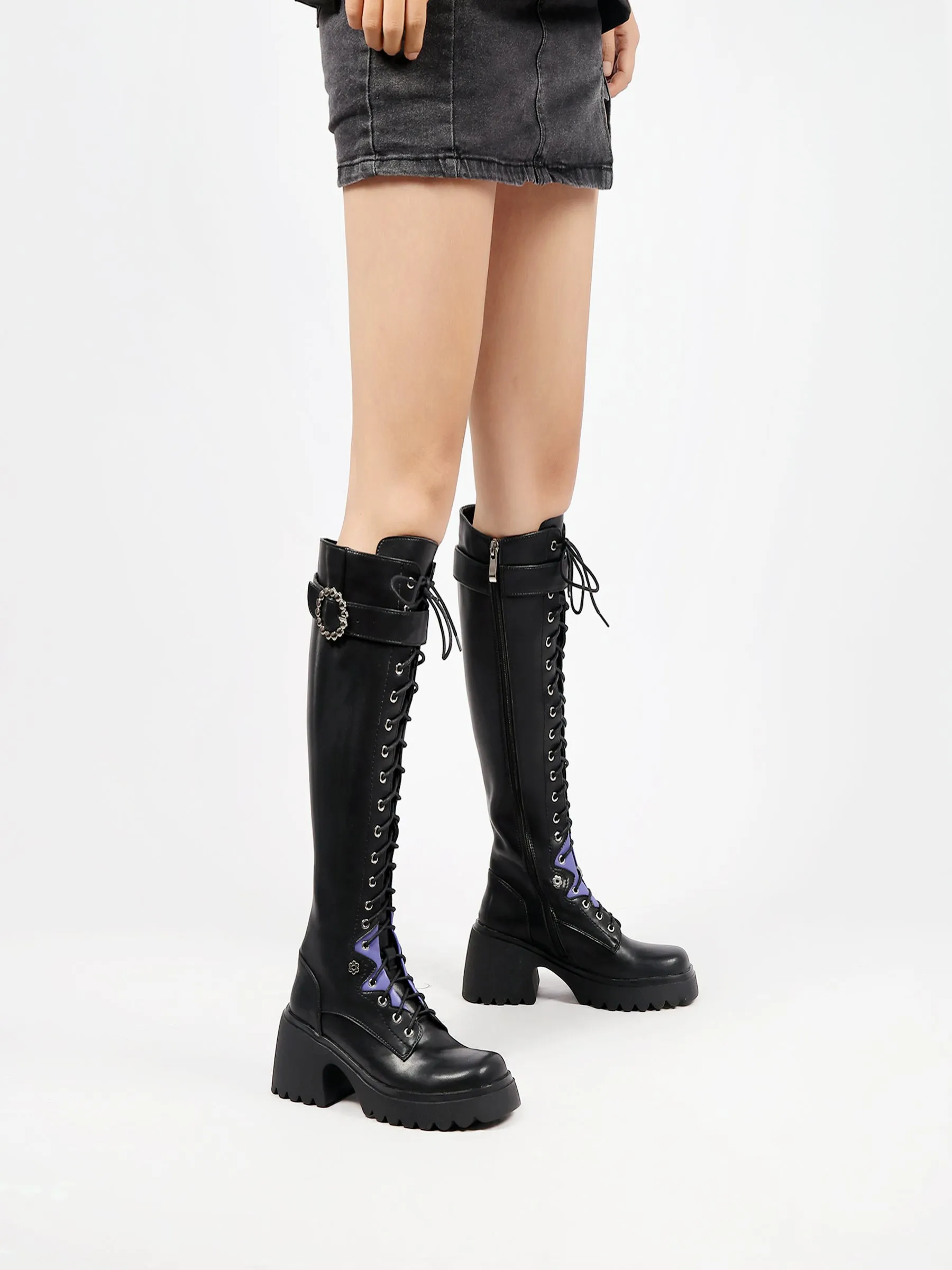 Black Knee High Leather Knight Boot