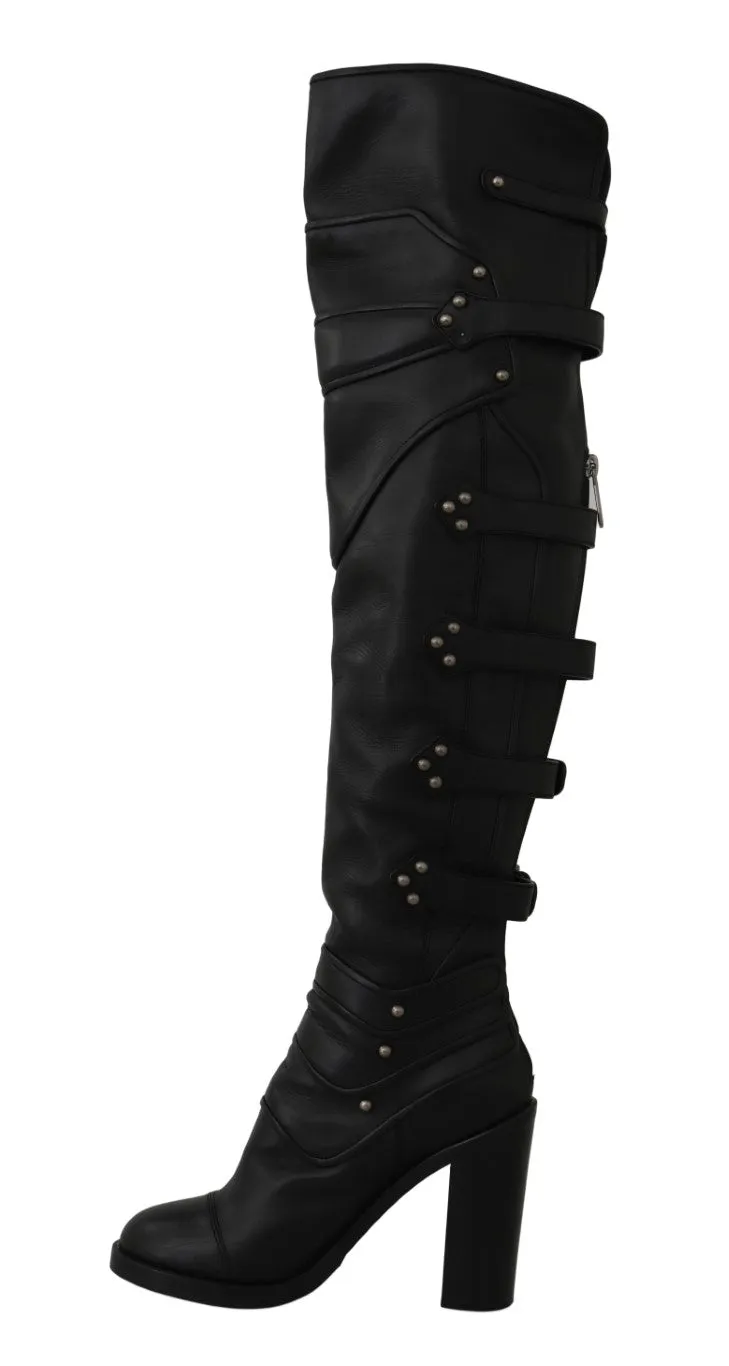 Black Leather Over Knee Biker Boots