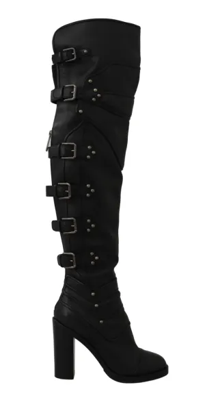 Black Leather Over Knee Biker Boots