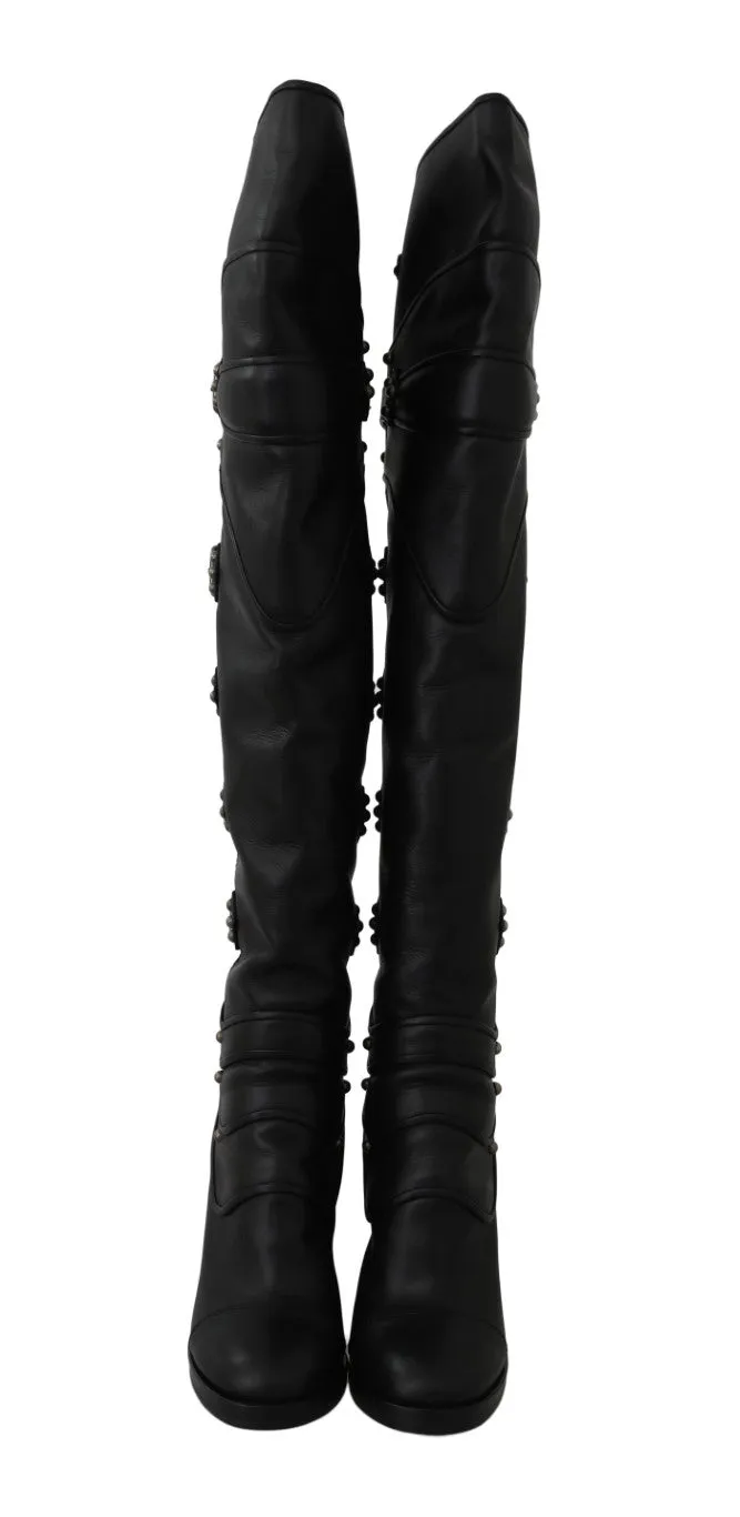Black Leather Over Knee Biker Boots